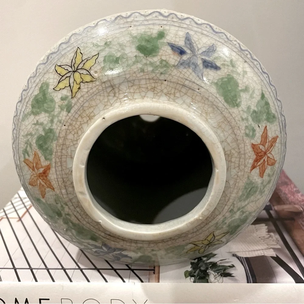 Antique 1880-1890s Japanese Japan Porcelain Ginger Jar Rose Blossoms Craquelure